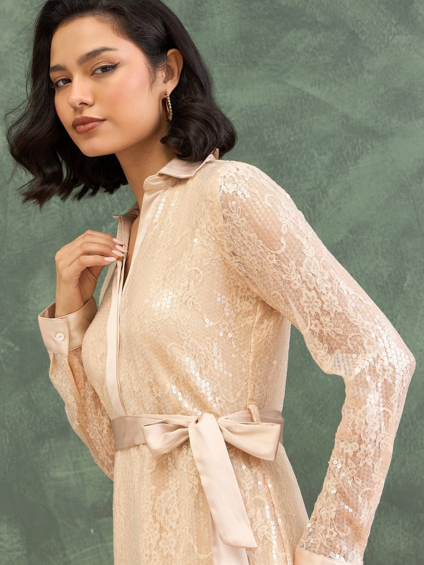 Iconic Women Beige Shirt Collar Dress