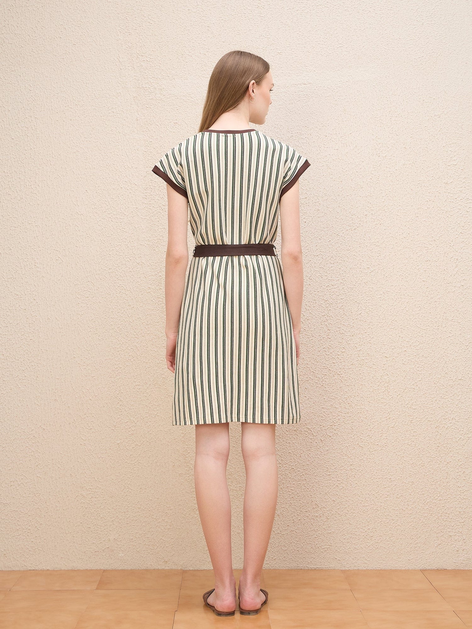 Iconic Women Brown Striped Round Neck Dress