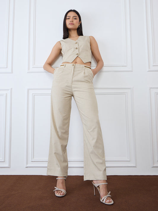 Iconic Women Beige Straight Fit Checks Trouser