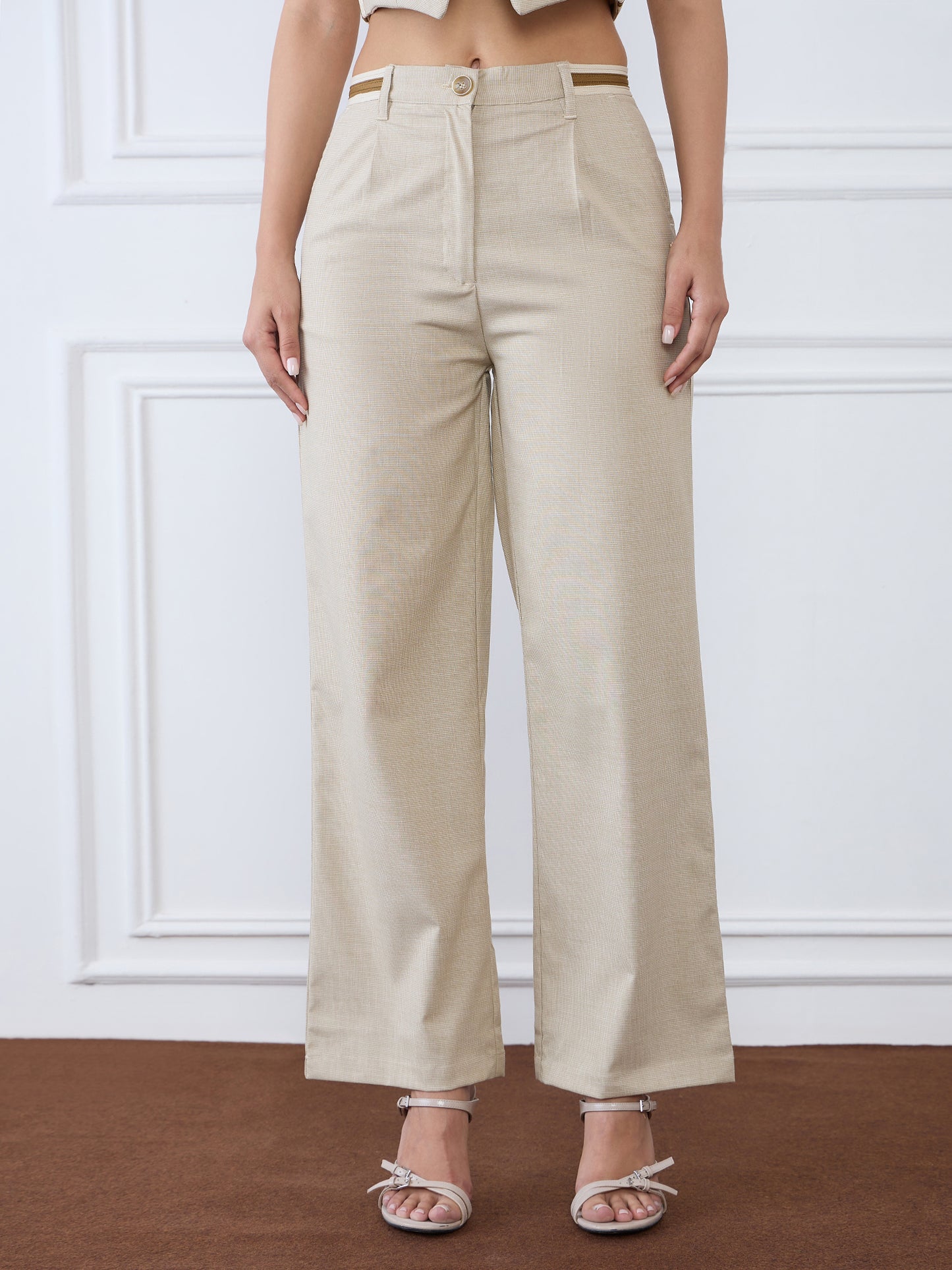Iconic Women Beige Straight Fit Checks Trouser