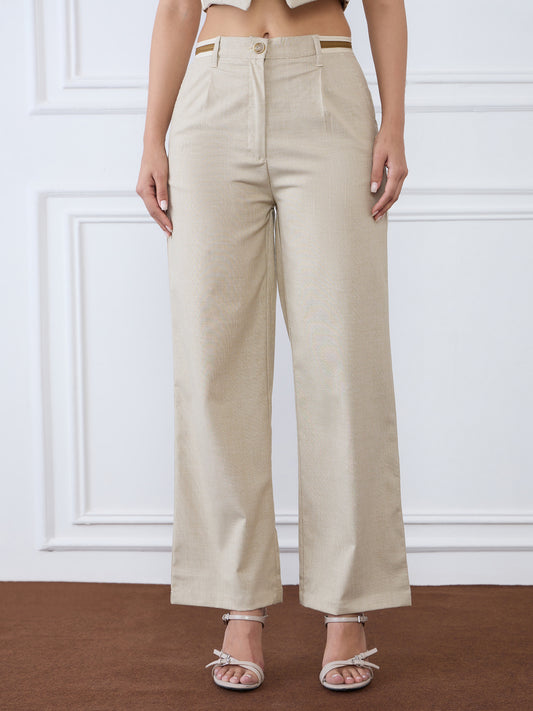 Iconic Women Beige Straight Fit Checks Trouser