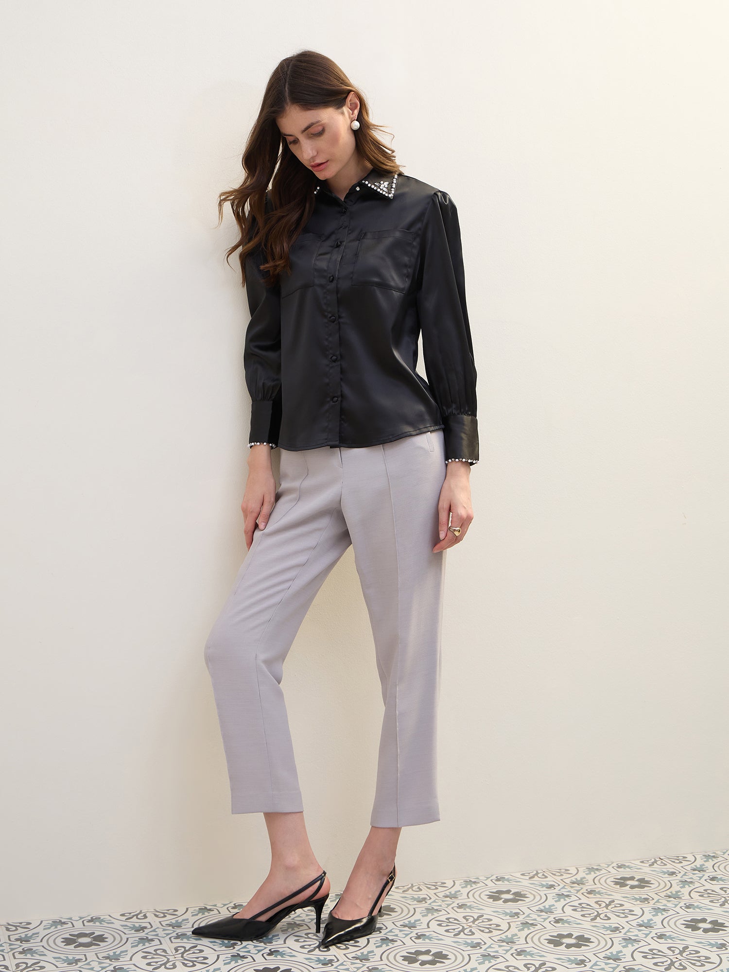 Iconic Women Black Solid Collar Shirt