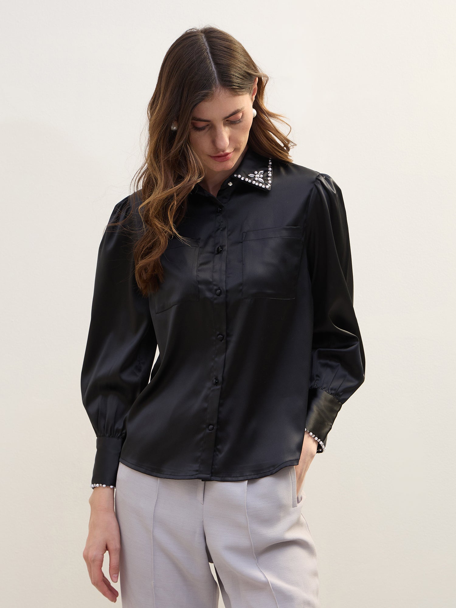 Iconic Women Black Solid Collar Shirt