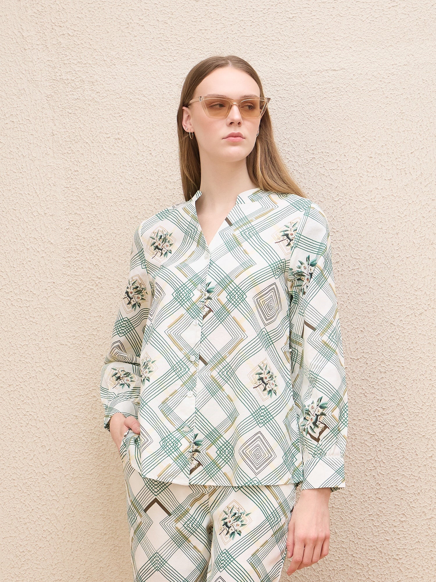 Iconic Women White Printed Band Collar Shirt