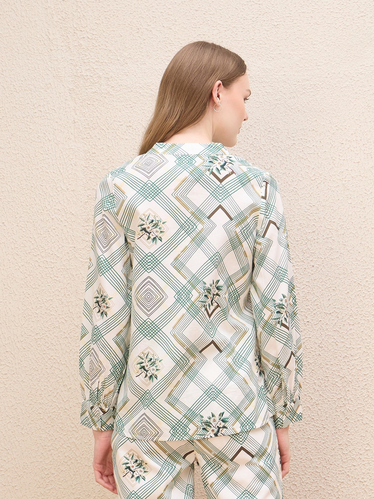 Iconic Women White Printed Band Collar Shirt