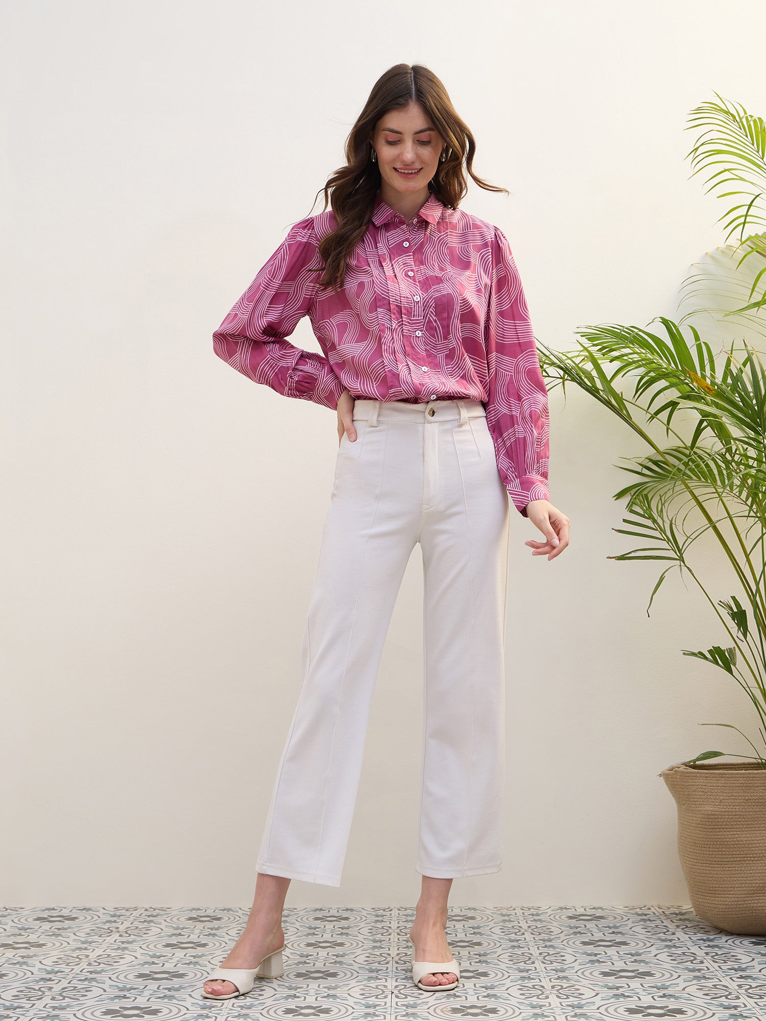 Iconic Women Pink Printed Collar Shirt