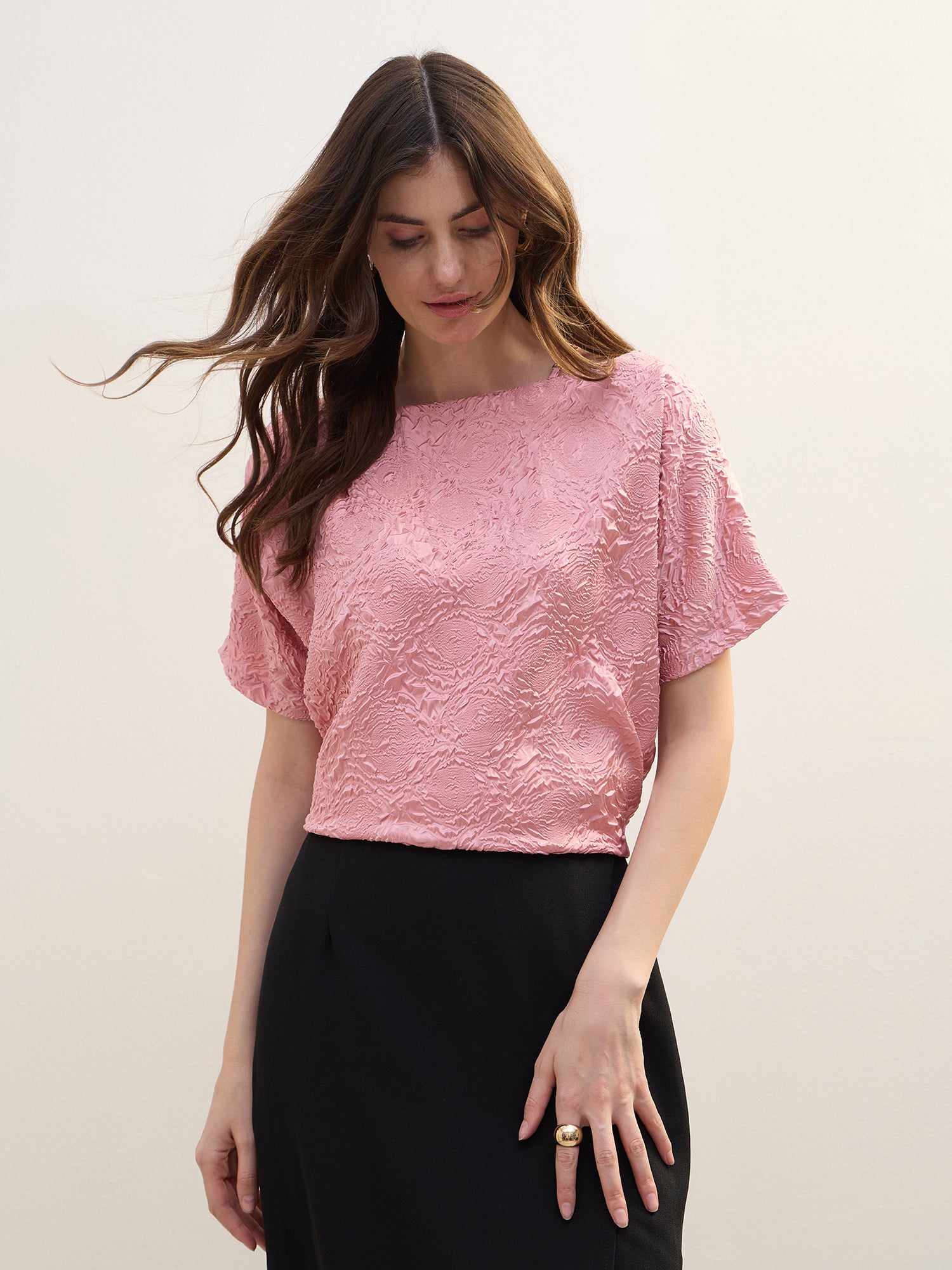 Iconic Women Pink Textured Boat Neck Top
