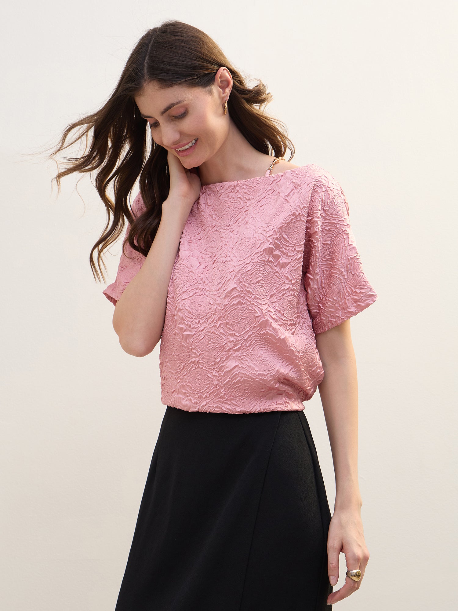 Iconic Women Pink Textured Boat Neck Top