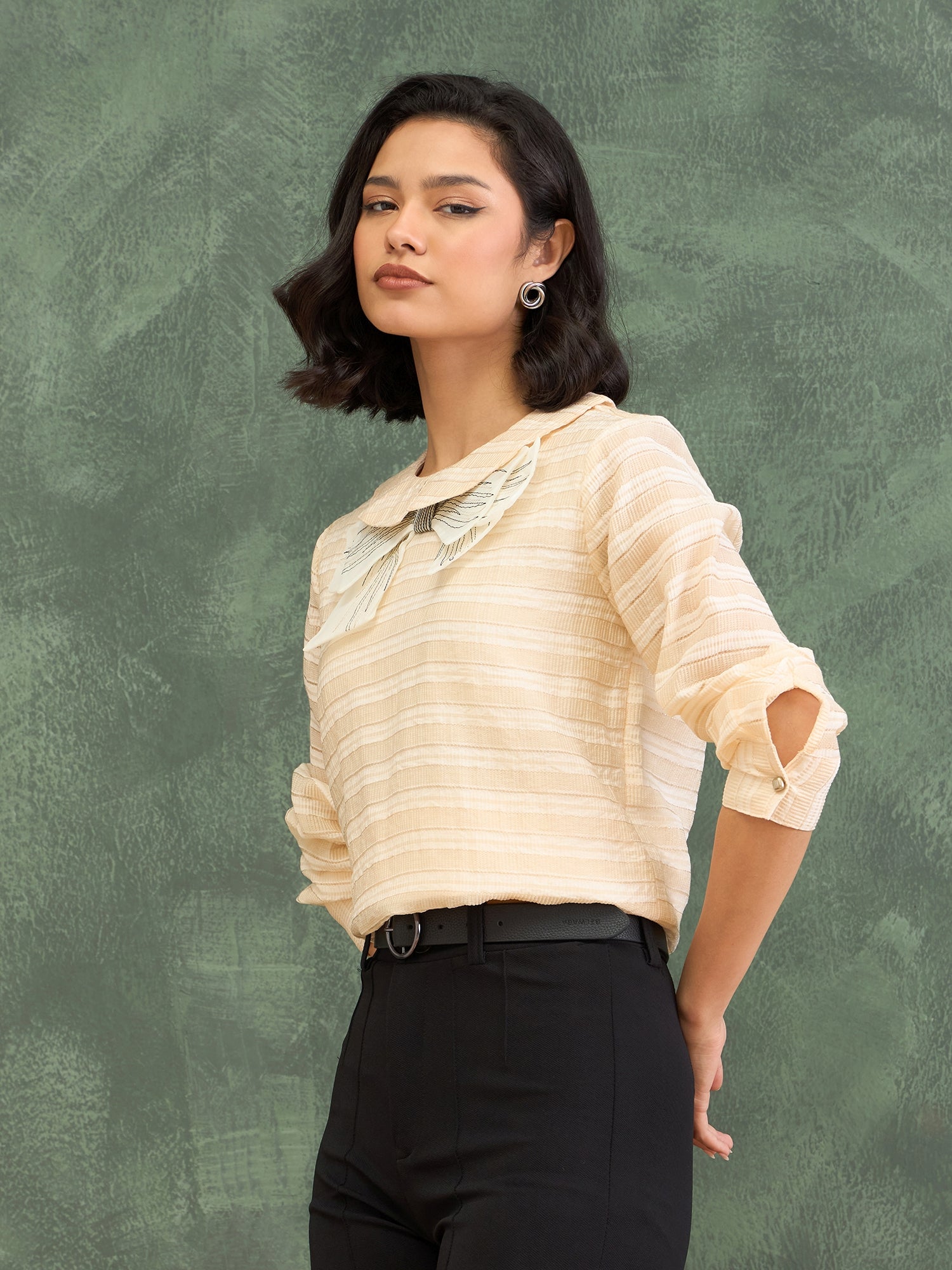 Iconic Women Beige Textured Round Neck Top