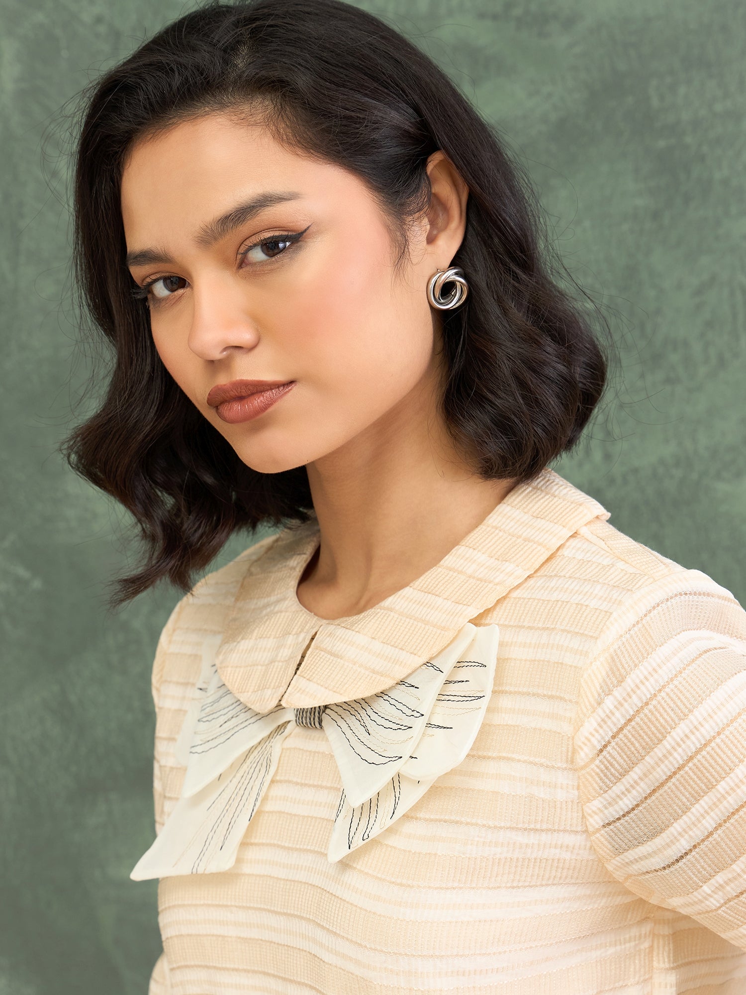 Iconic Women Beige Textured Round Neck Top