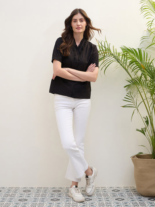 Iconic Women Black Solid V-Neck Shirt