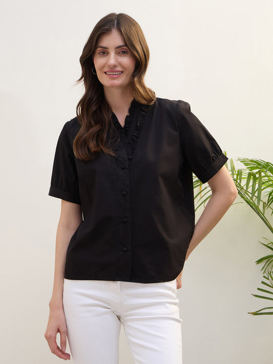 Iconic Women Black Solid V-Neck Shirt