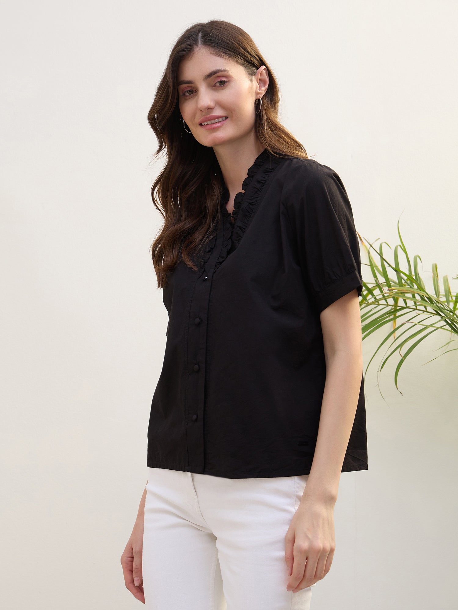 Iconic Women Black Solid V-Neck Shirt