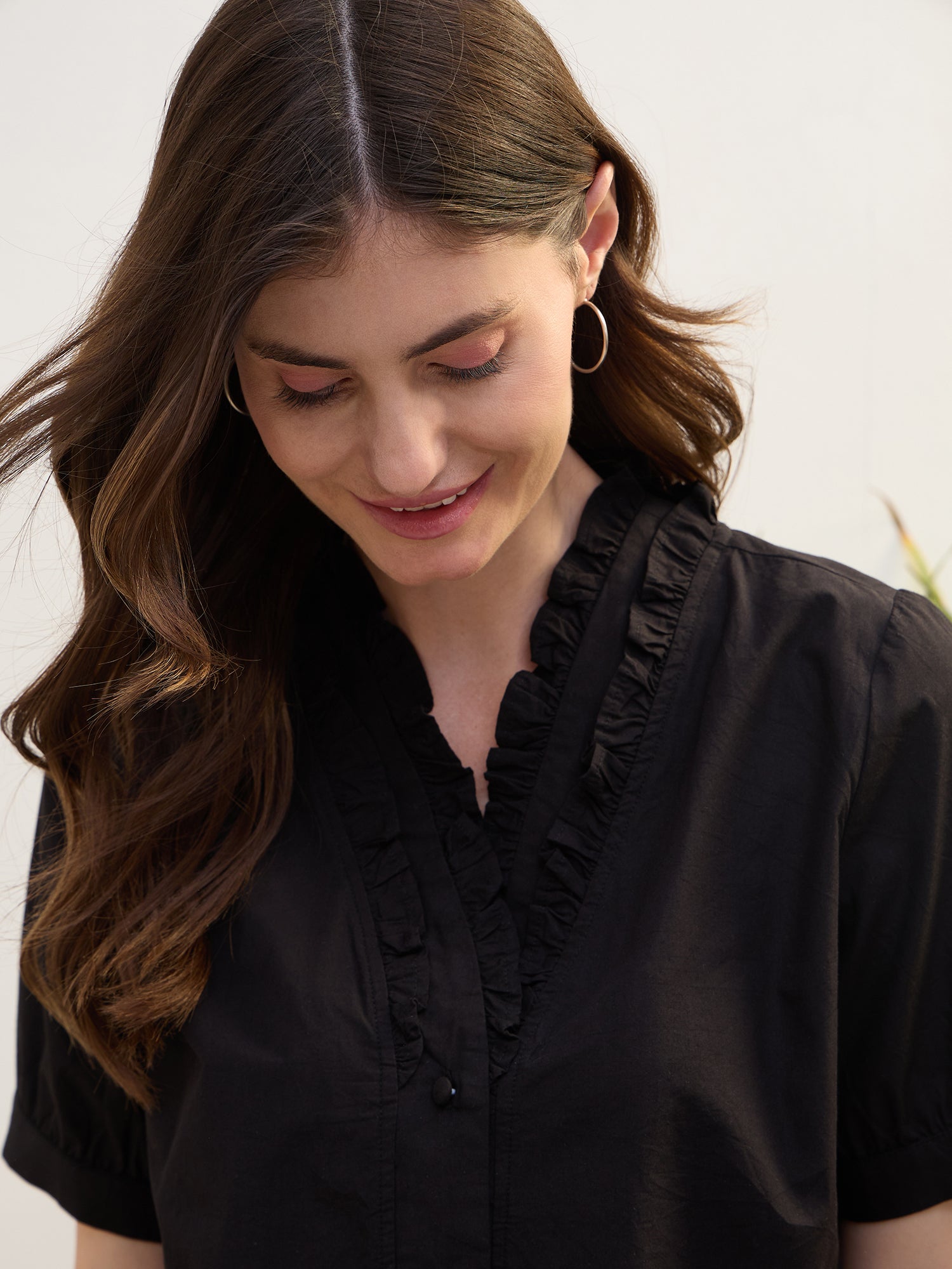 Iconic Women Black Solid V-Neck Shirt