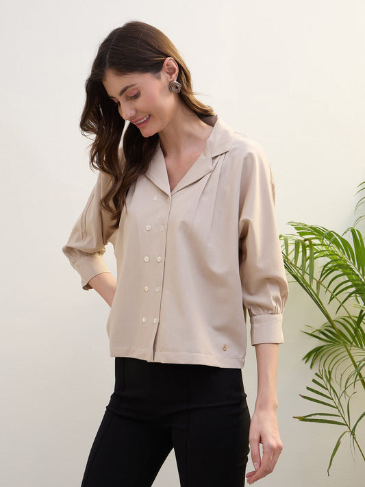 Iconic Women Beige Solid Notch Collar Shirt