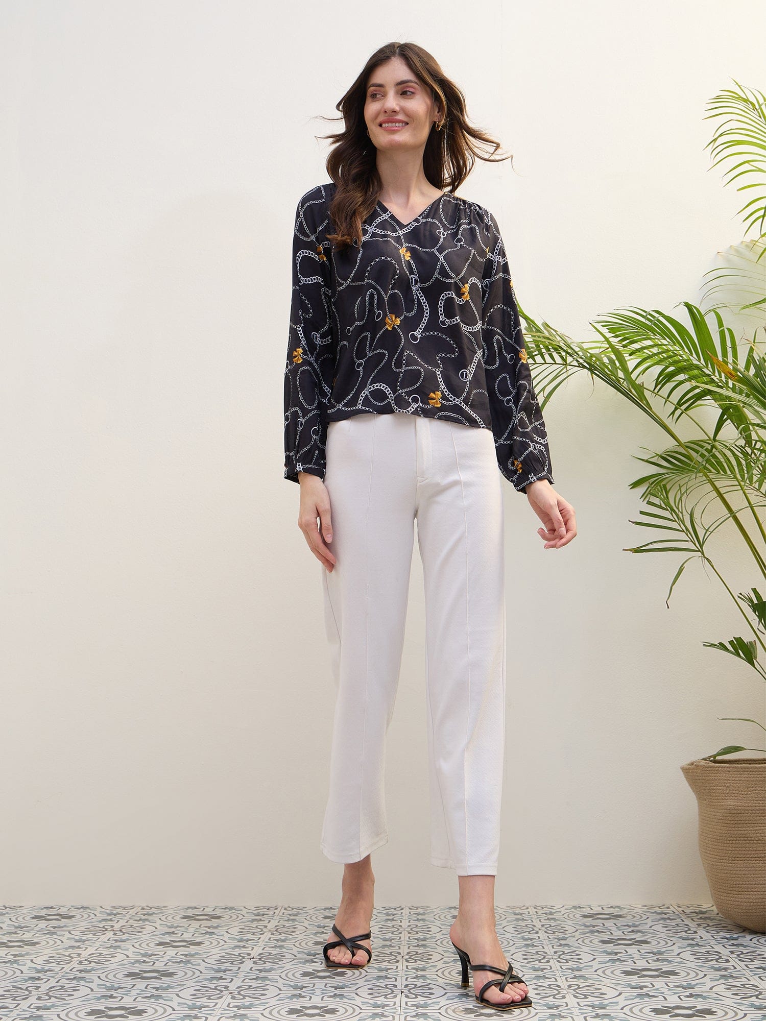 Iconic Women Black Color Block Collar Shirt