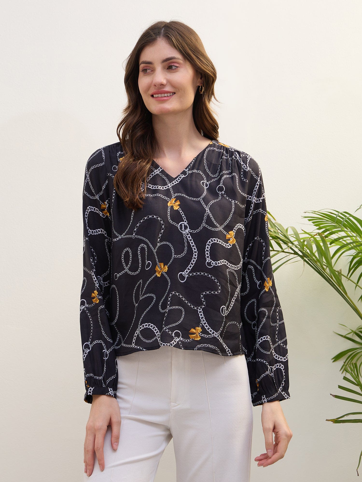 Iconic Women Black Color Block Collar Shirt