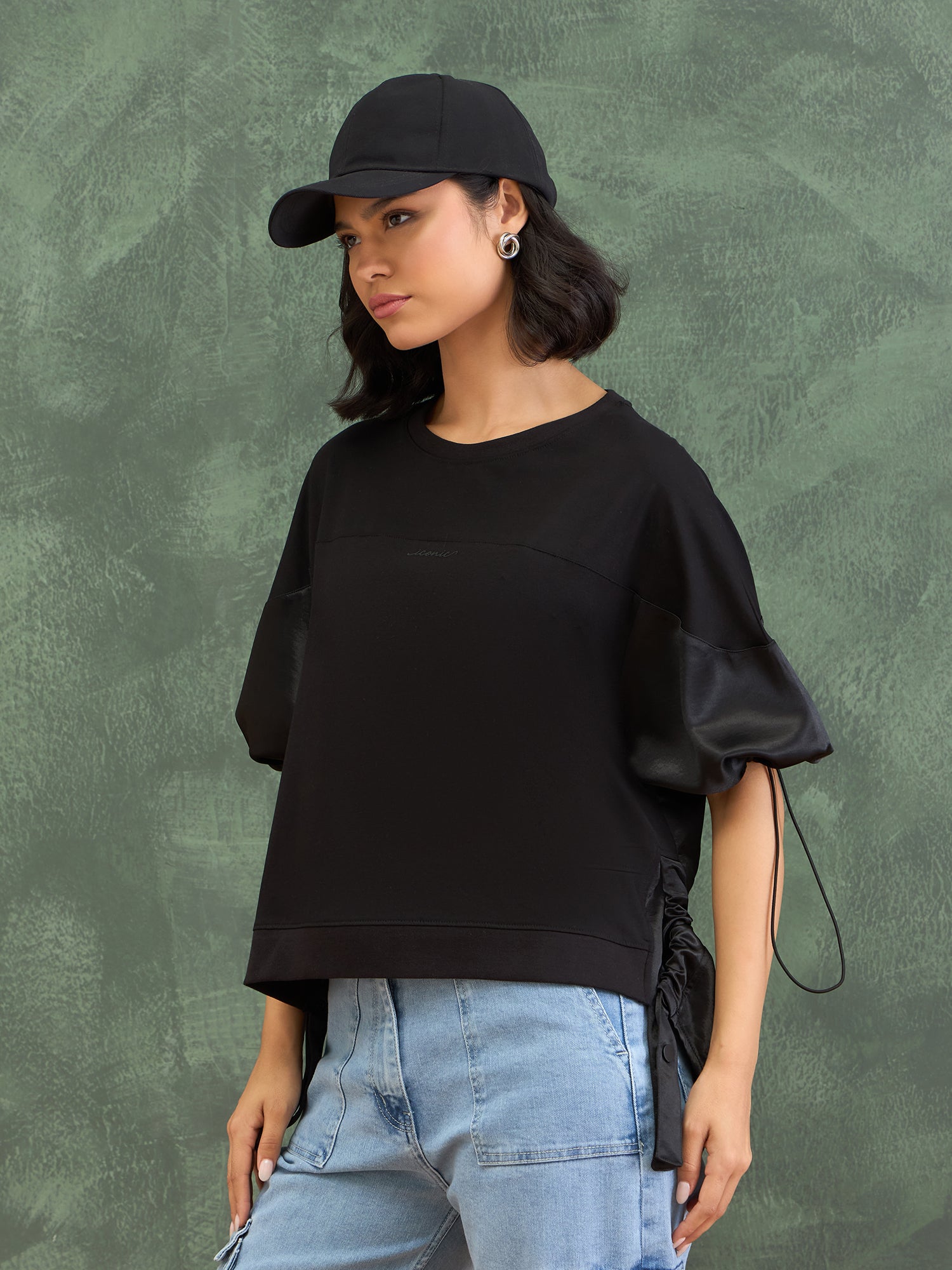 Iconic Women Black Solid Rib Neck Top
