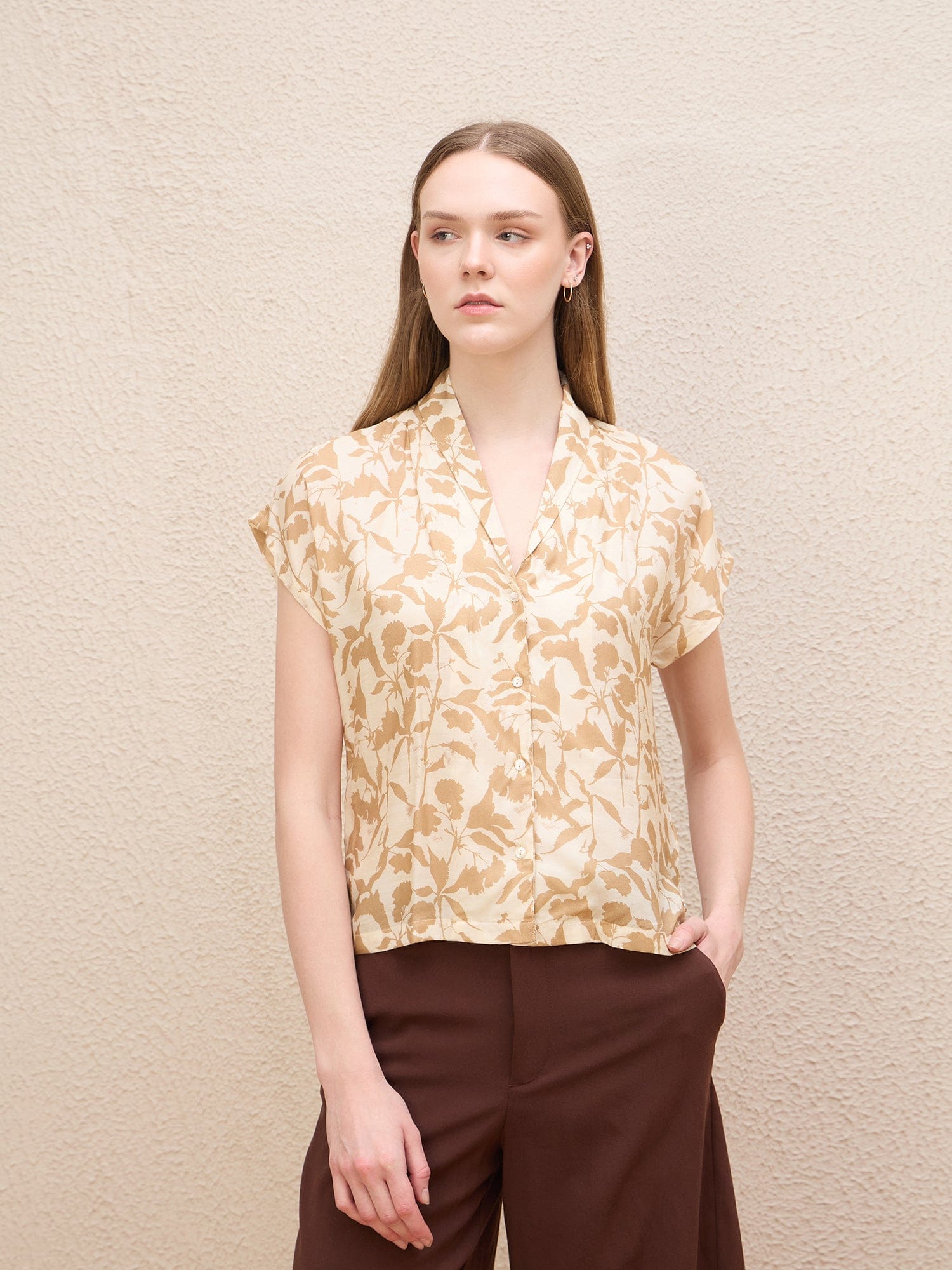 Iconic Women Beige Printed Shawl Collar Top