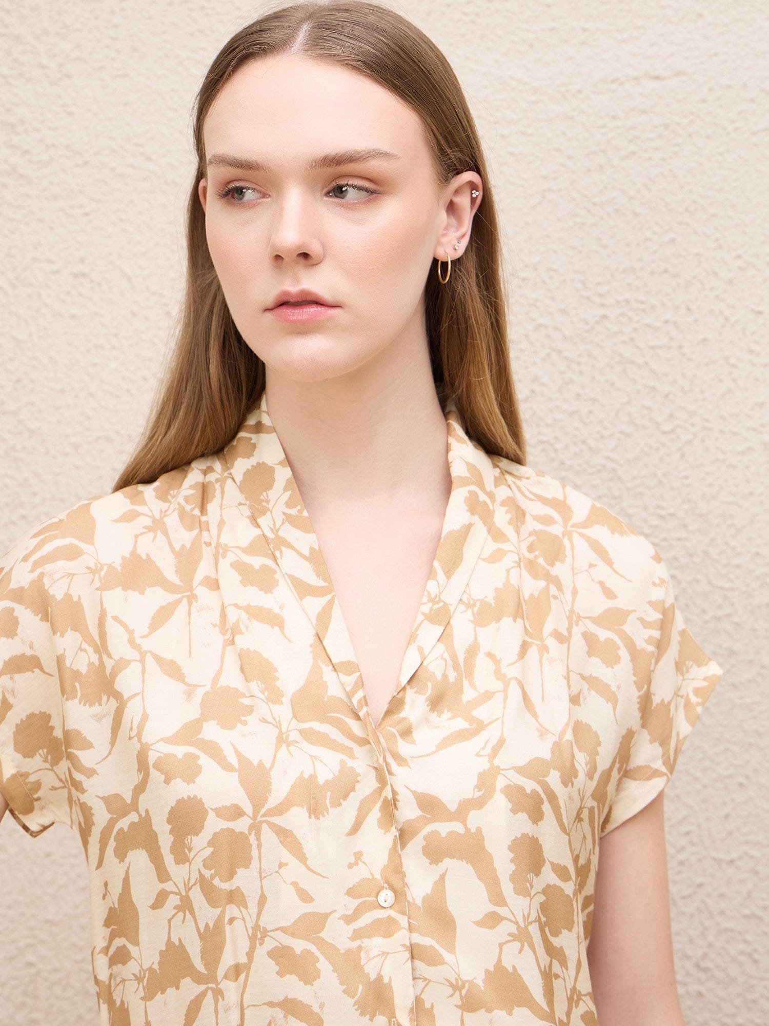 Iconic Women Beige Printed Shawl Collar Top