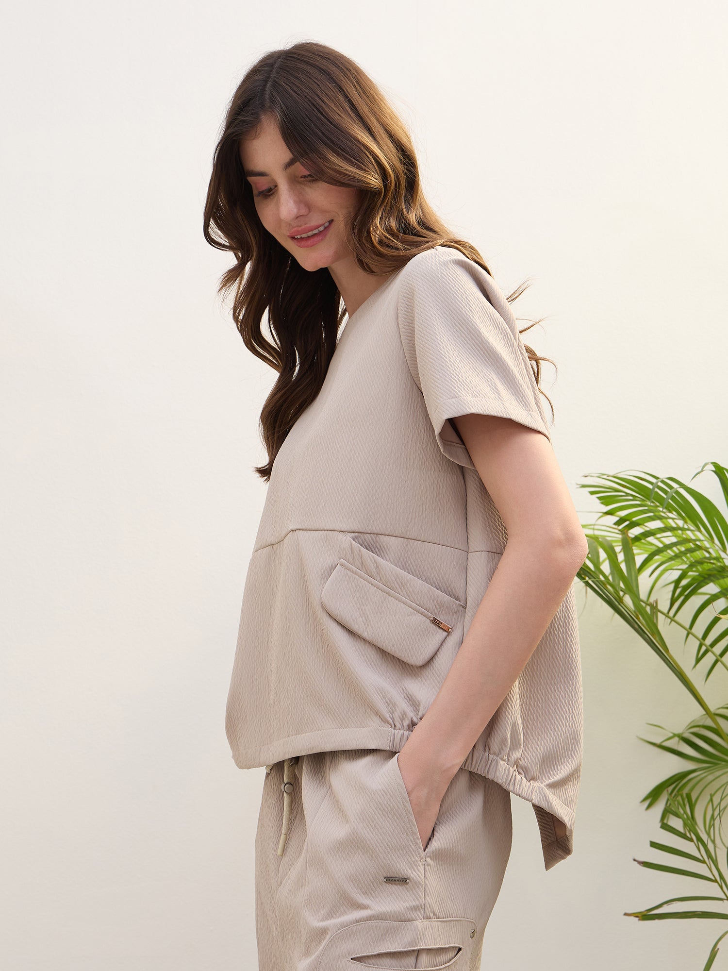 Iconic Women Beige Textured Round Neck Top