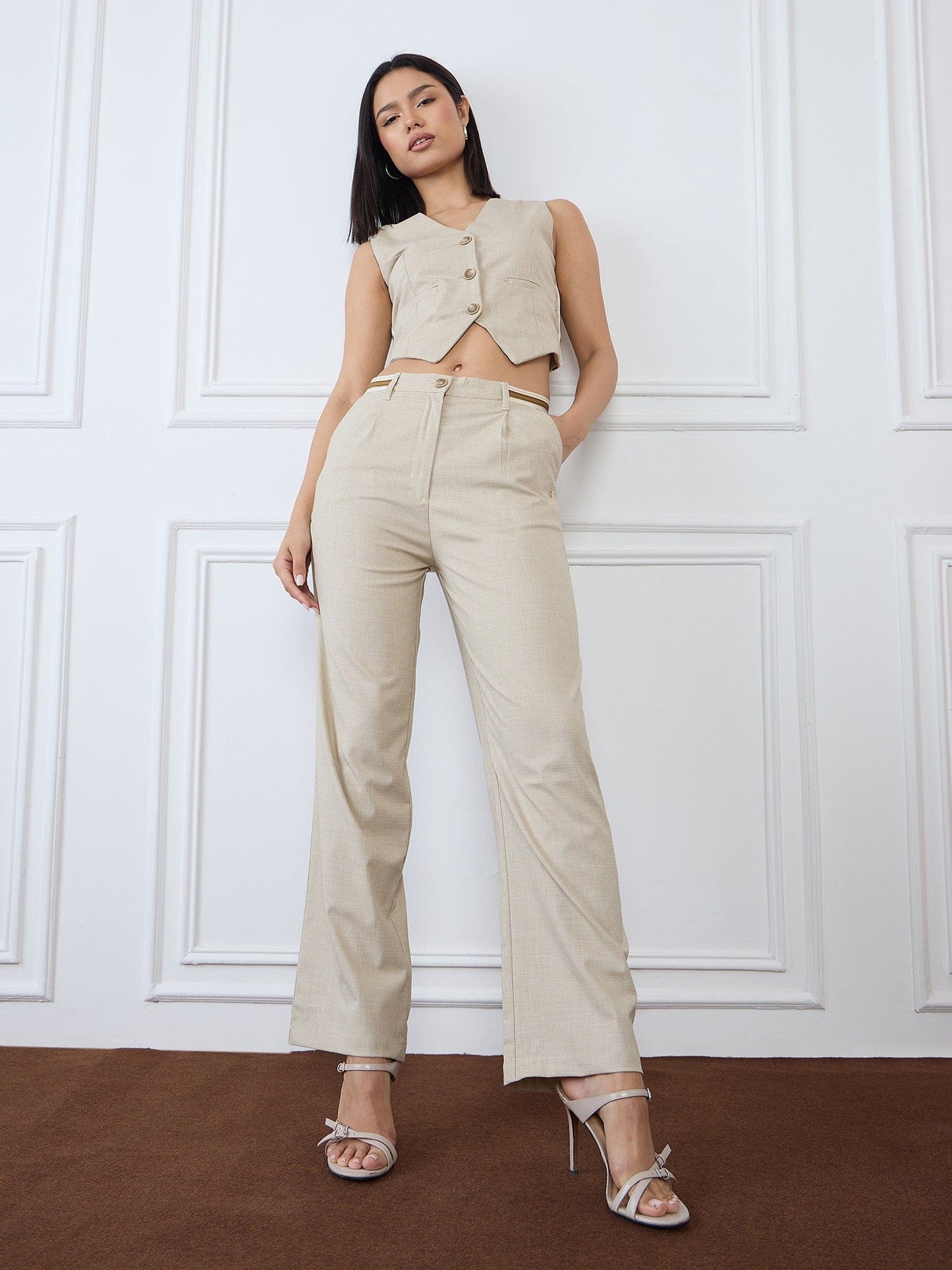 Iconic Women Beige Checks V Neck Top