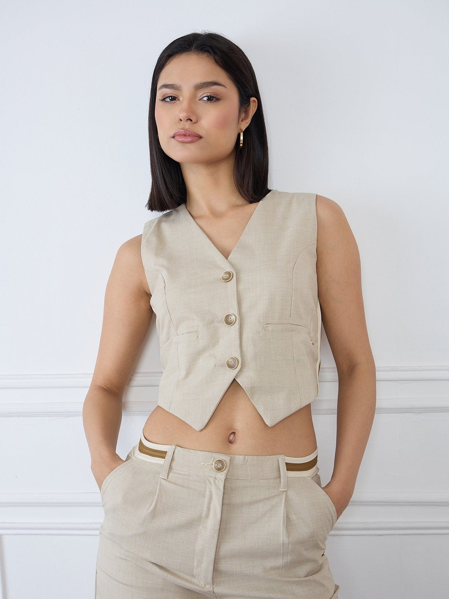 Iconic Women Beige Checks V Neck Top