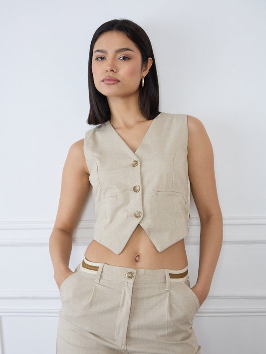 Iconic Women Beige Checks V Neck Top