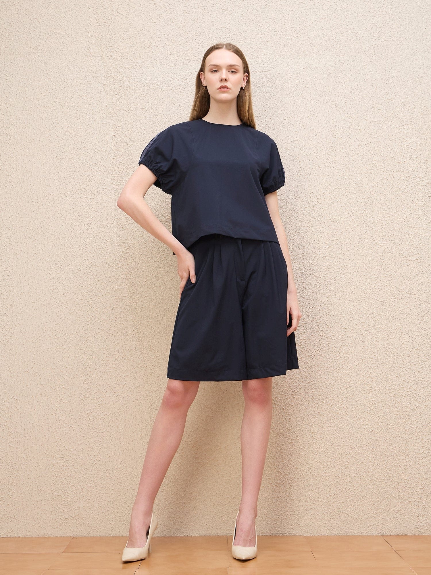 Iconic Women Blue Solid Round Neck Top