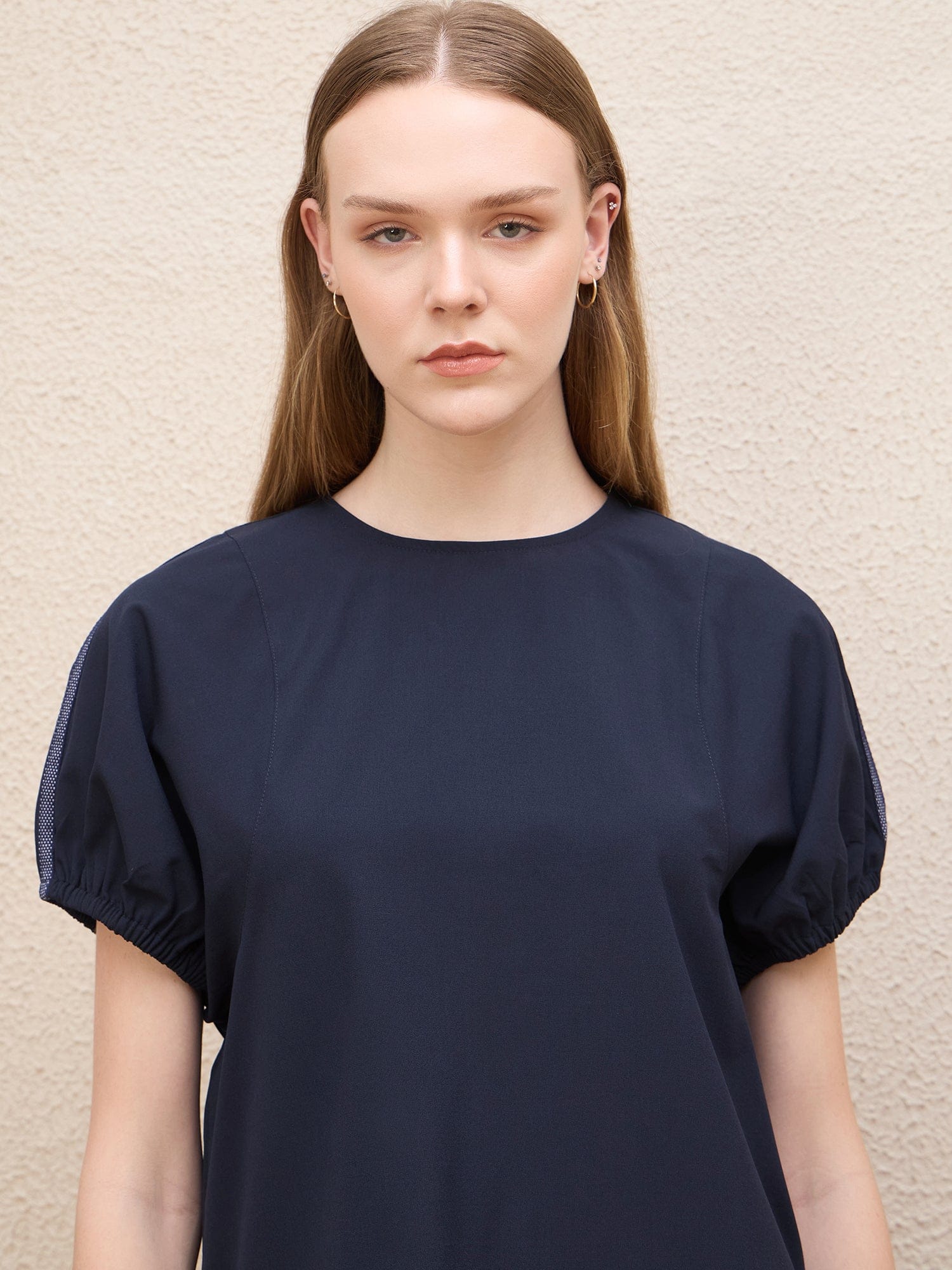 Iconic Women Blue Solid Round Neck Top