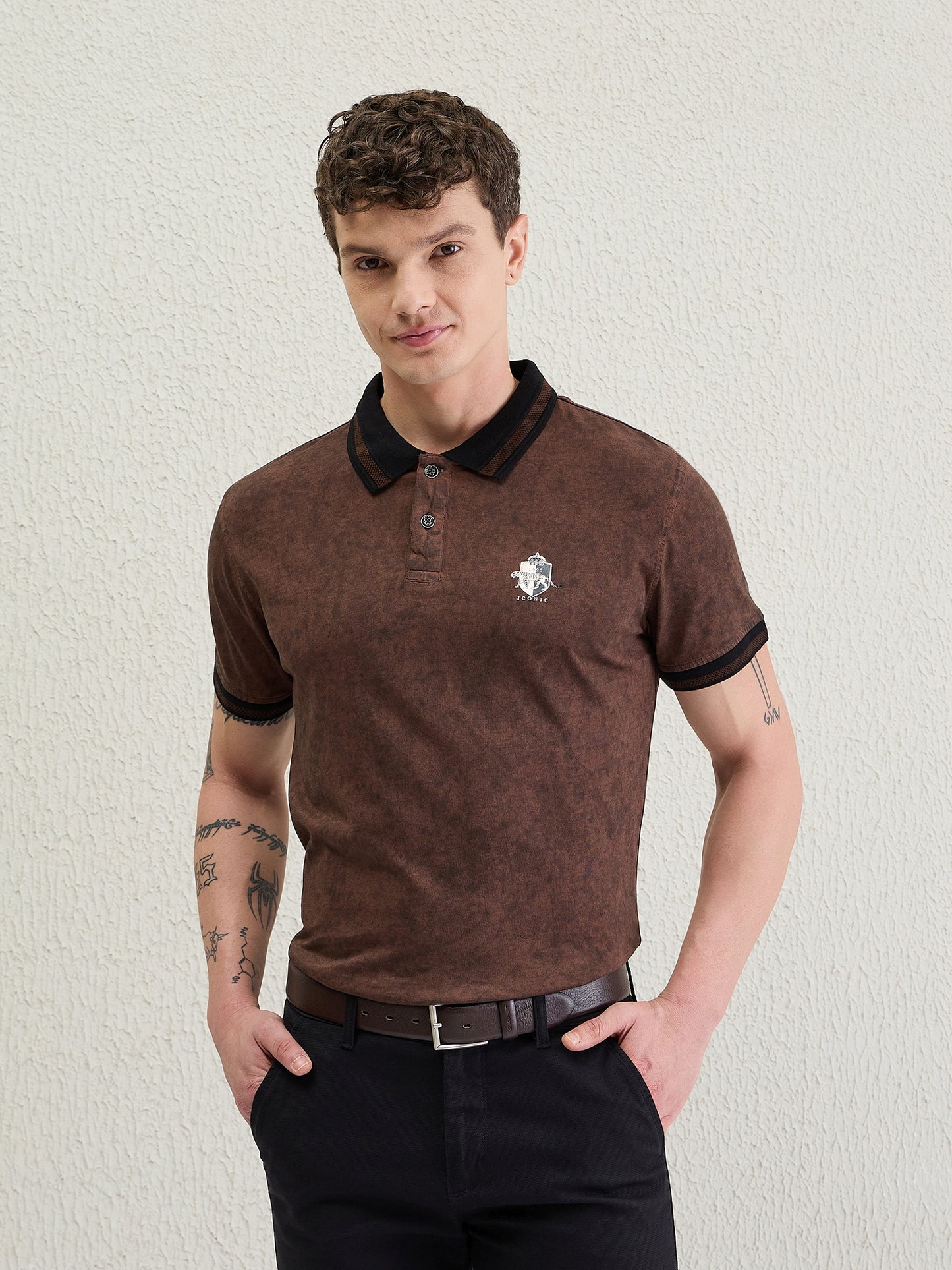 Iconic Men Brown Washed Polo Tshirt