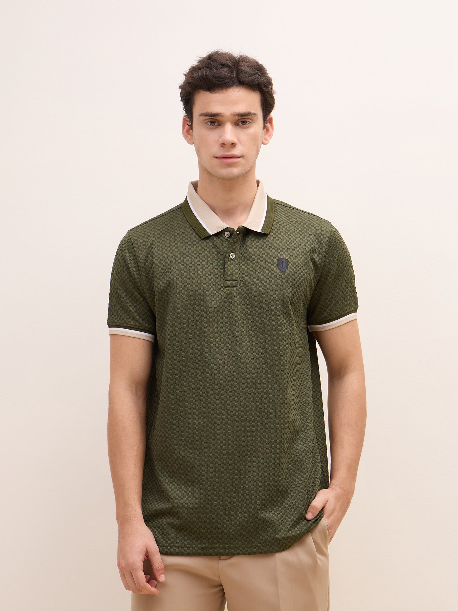 Iconic Men Green Textured Polo Tshirt