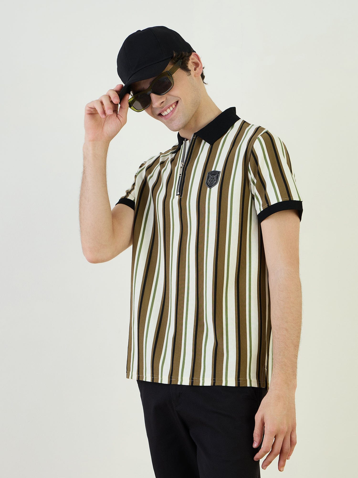 Iconic Men Green Striped Polo Tshirt