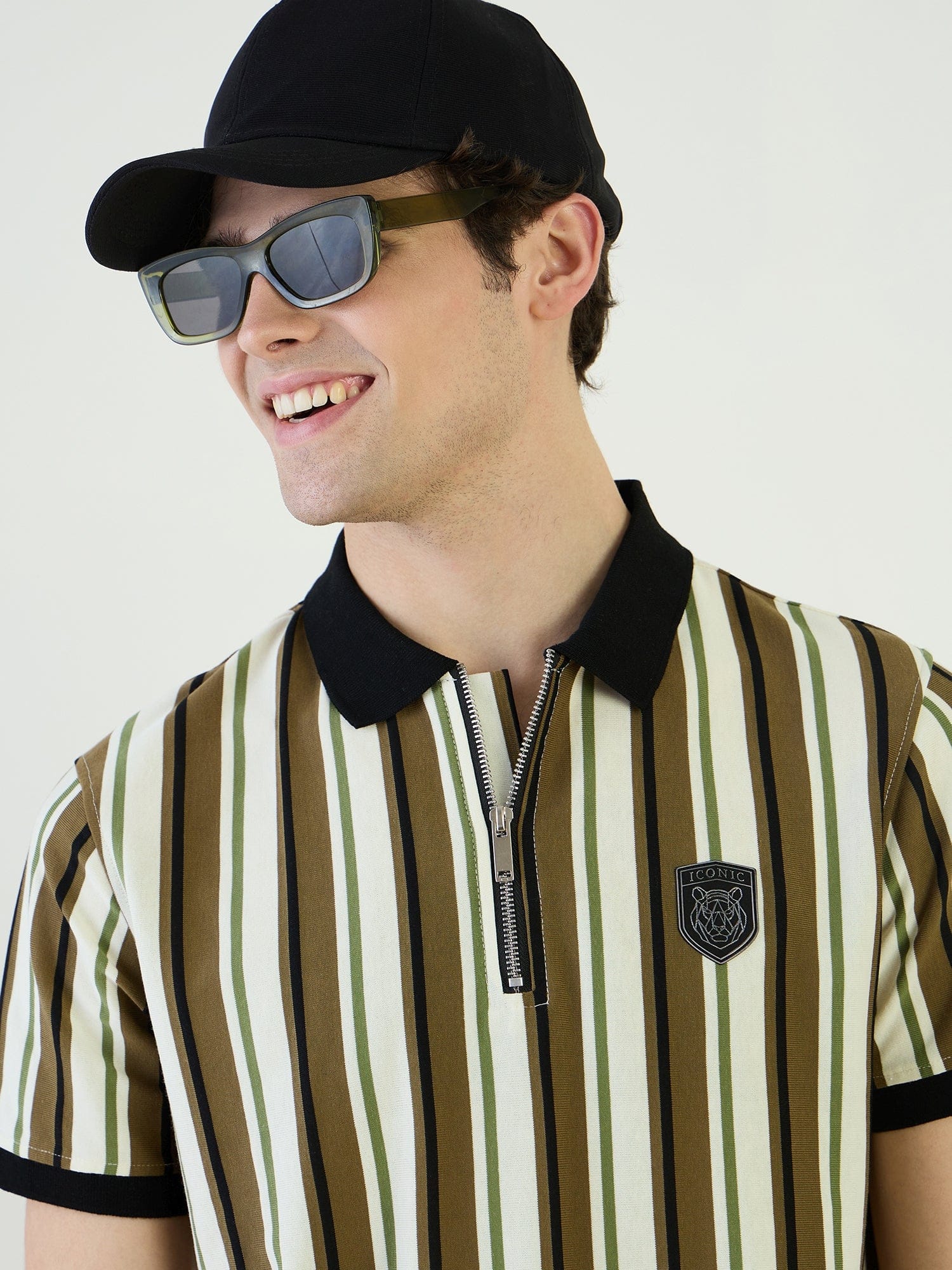 Iconic Men Green Striped Polo Tshirt