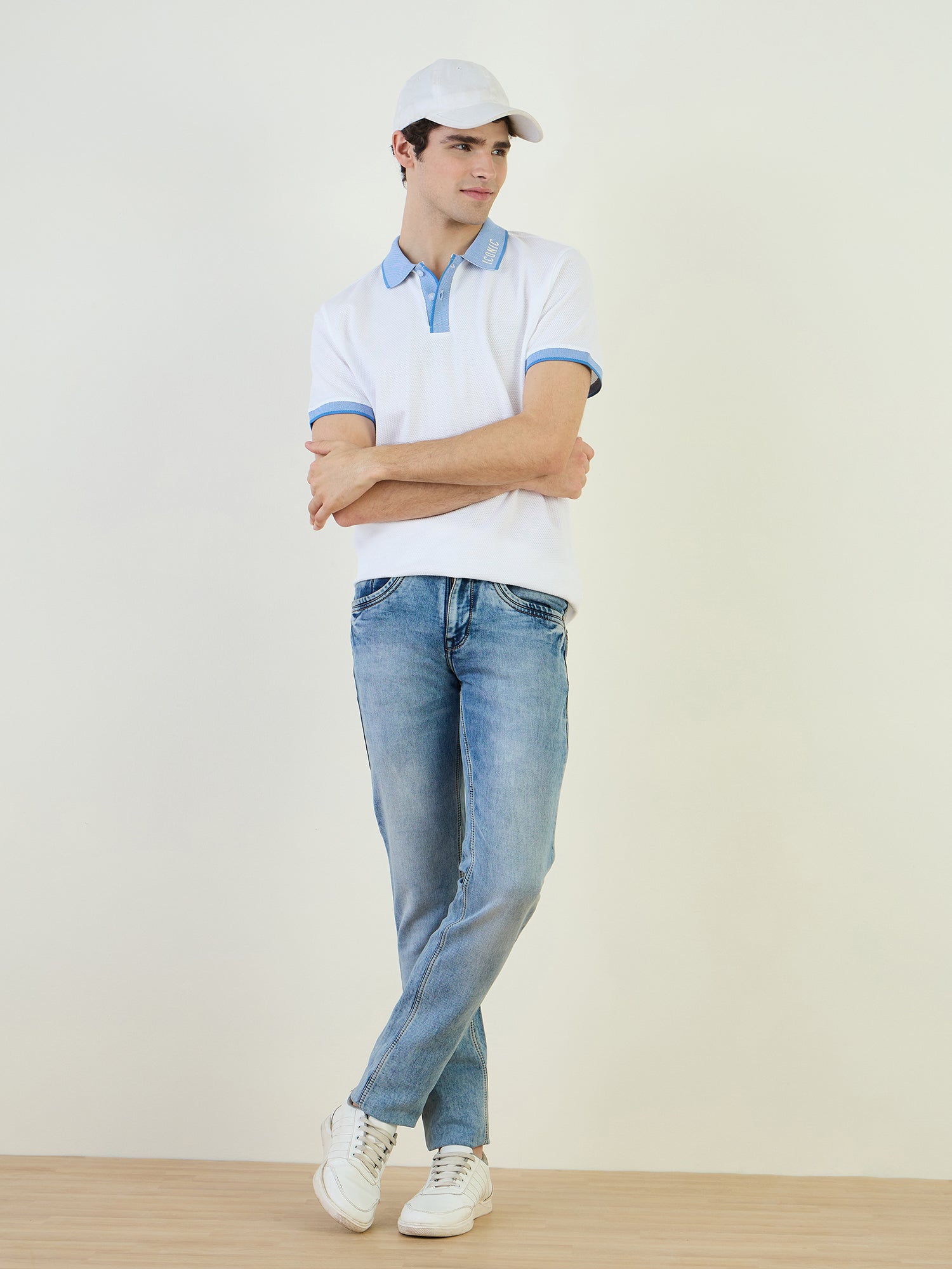 Iconic Men White Textured Polo Tshirt