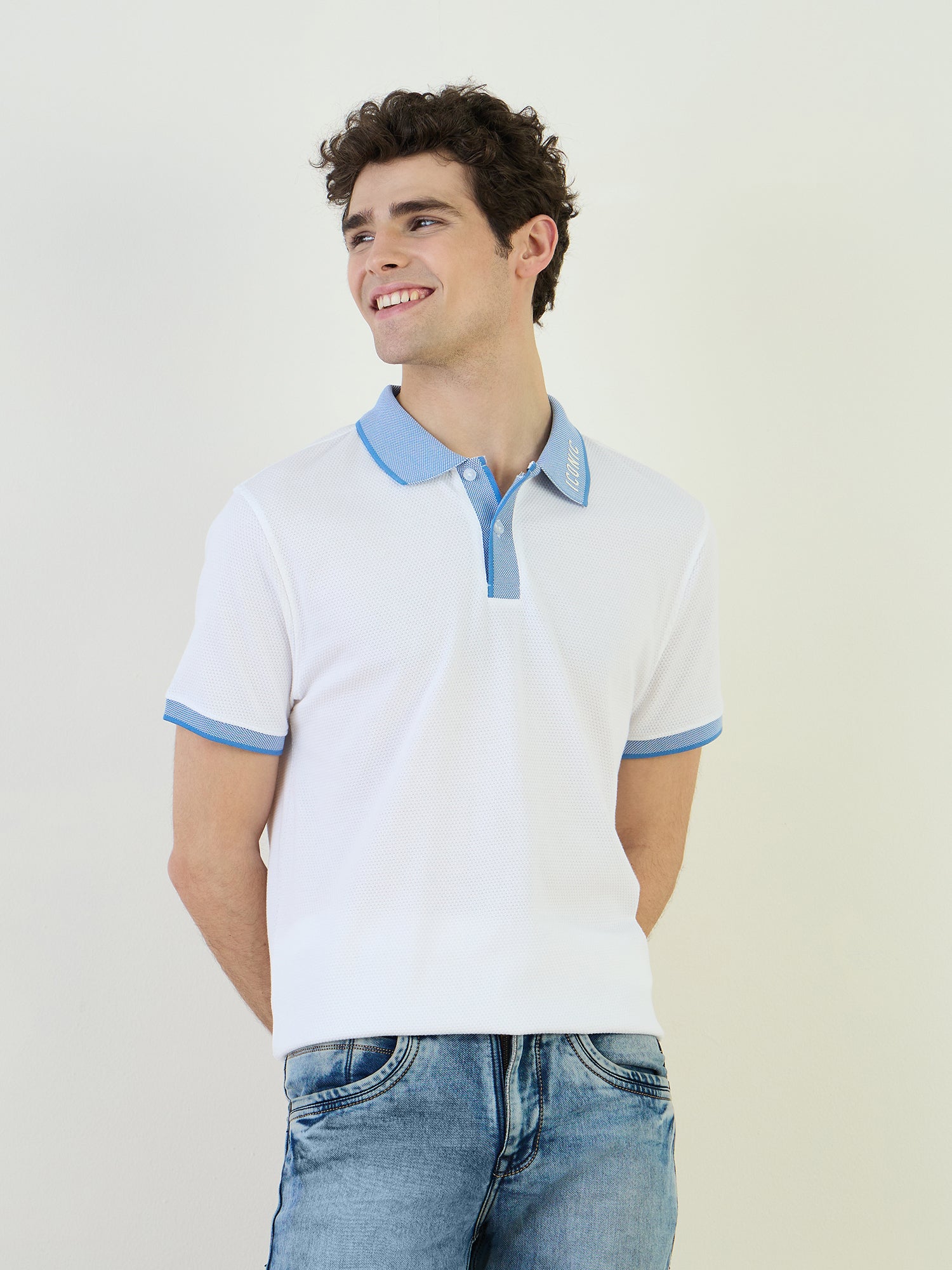 Iconic Men White Textured Polo Tshirt