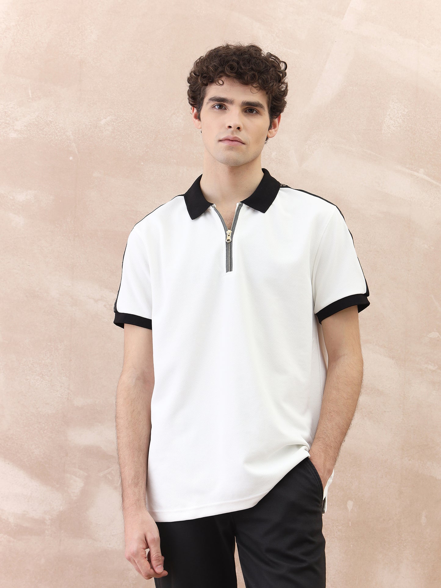 Iconic Men White Textured Collar Polo Tshirt