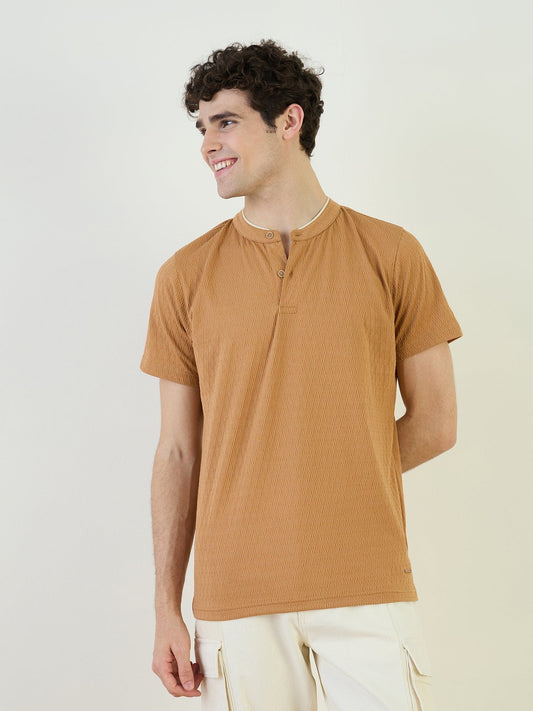 Iconic Men Brown Textured Polo Tshirt