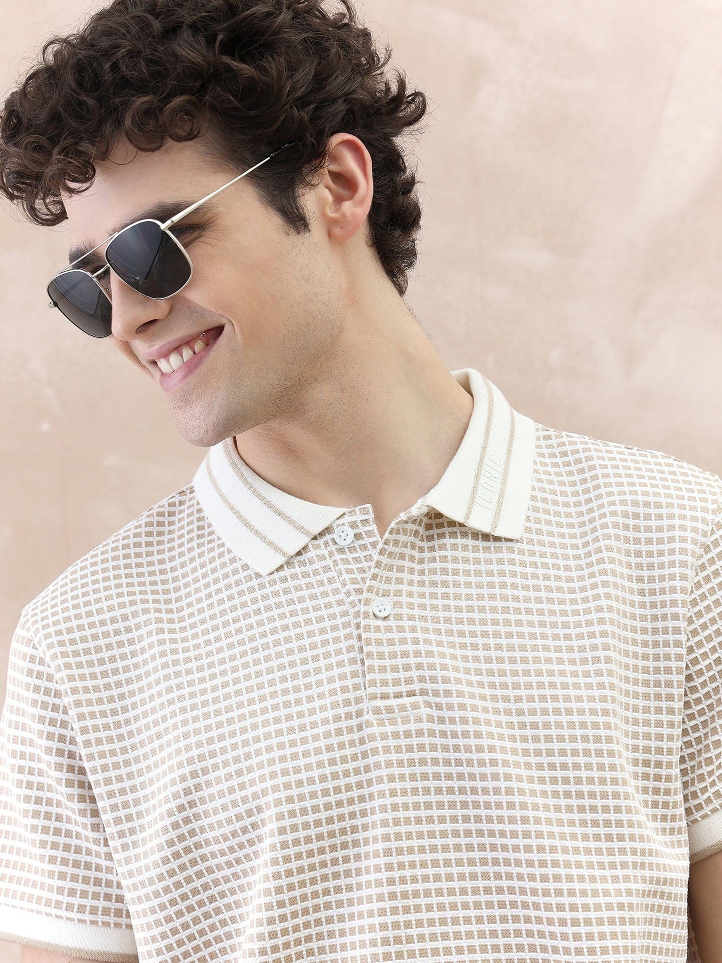 Iconic Men Brown Textured Collar Polo Tshirt