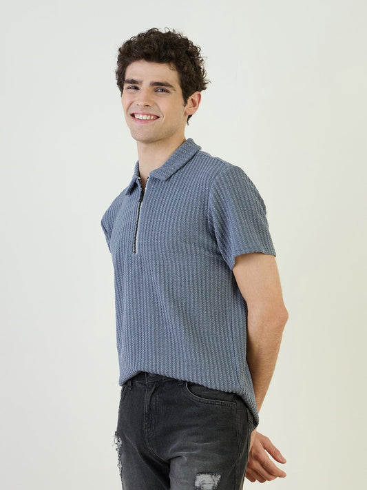 Iconic Men Blue Textured Polo Tshirt