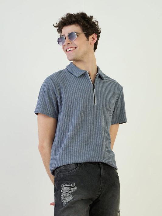 Iconic Men Blue Textured Polo Tshirt
