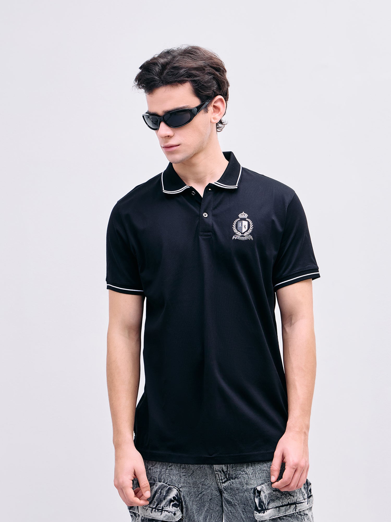 Iconic Men Black Solid Polo Tshirt