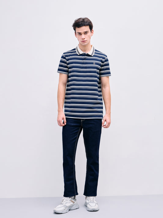 Iconic Men Blue Striped Polo Tshirt