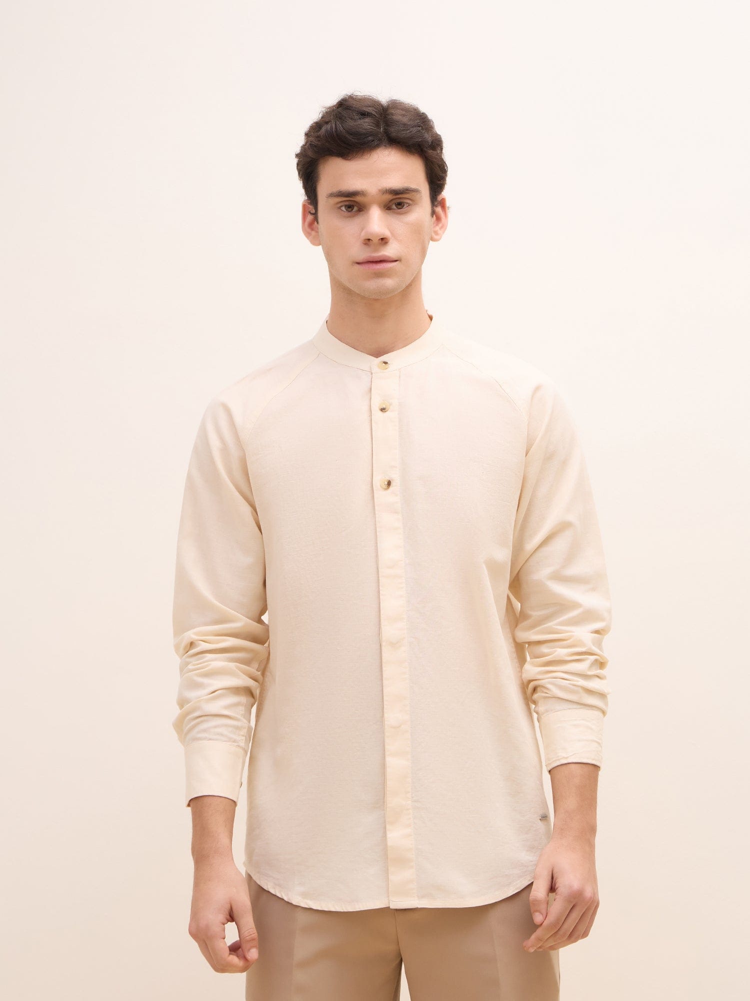 Iconic Men Beige Solid Band Collar Shirt