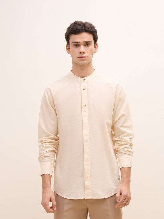 Iconic Men Beige Solid Band Collar Shirt