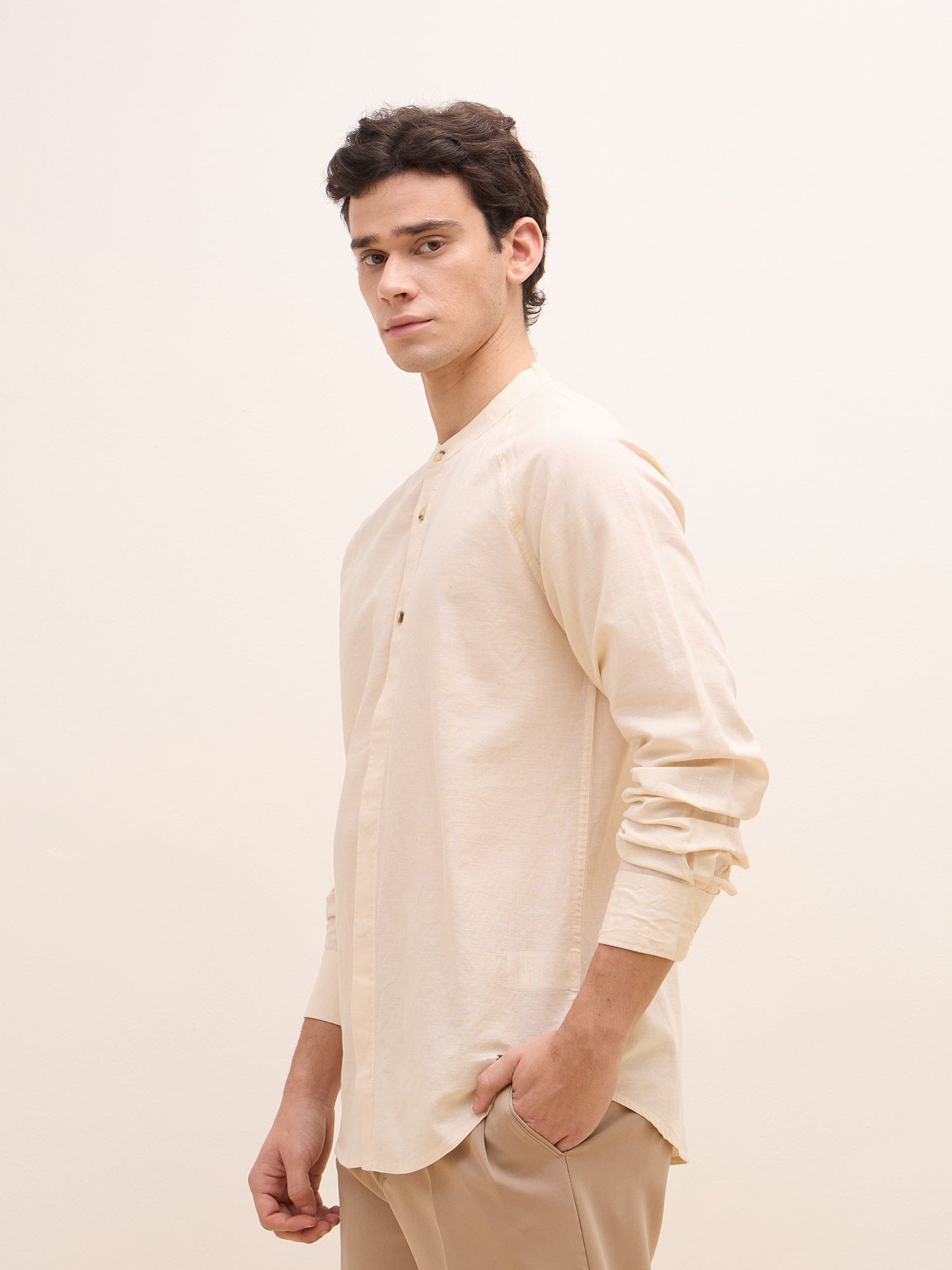 Iconic Men Beige Solid Band Collar Shirt