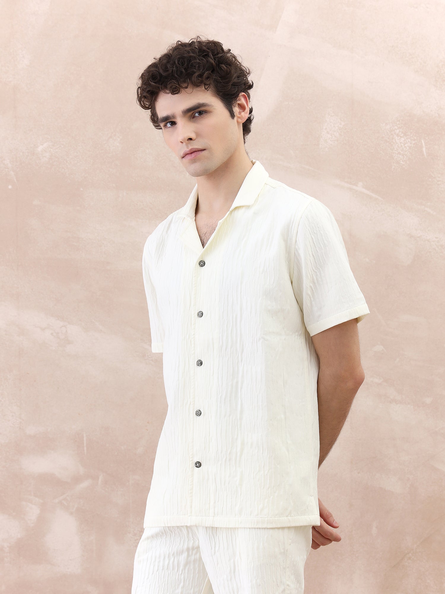Iconic Men White Textured Resort Collar Shirt
