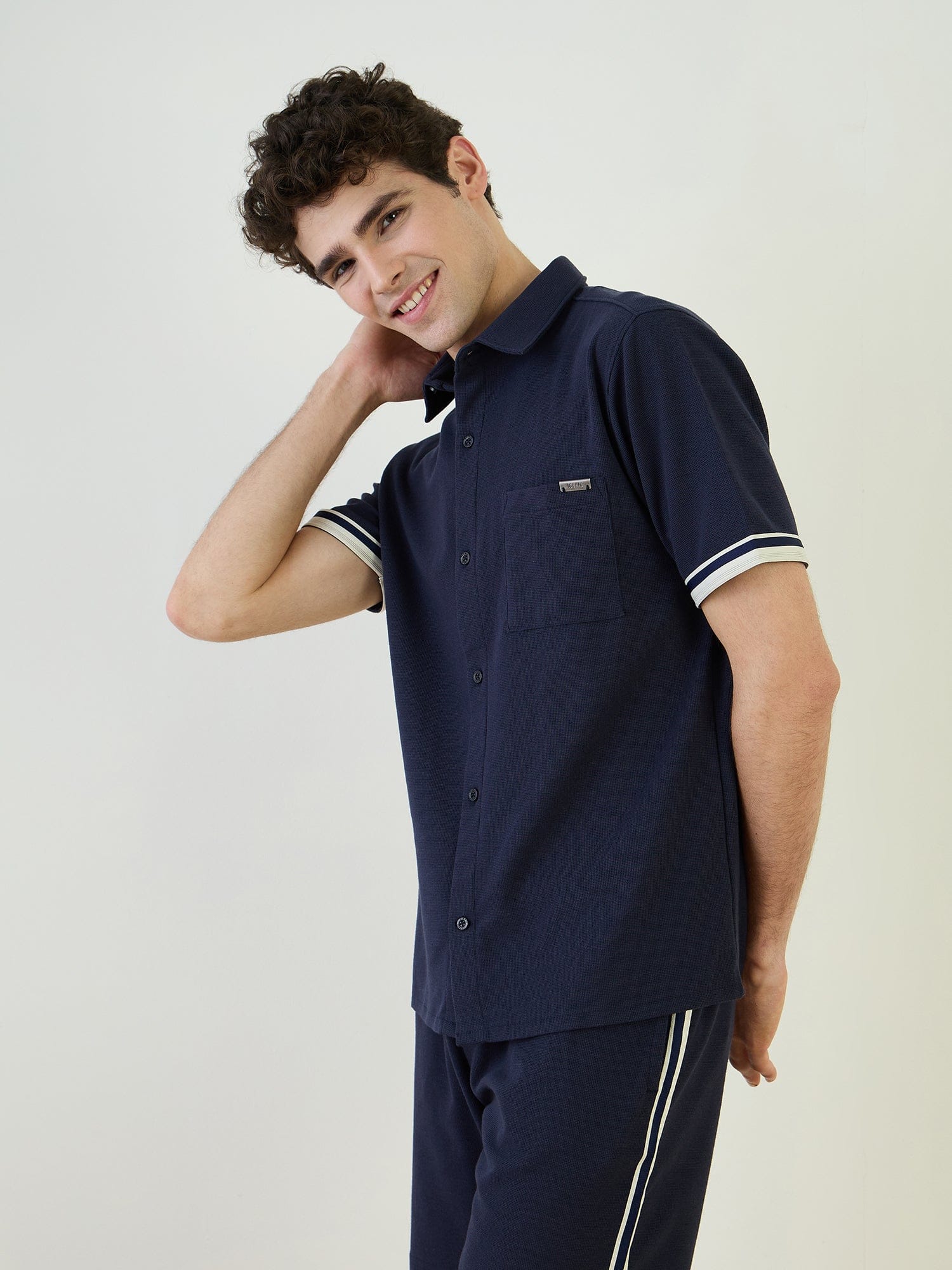 Iconic Men Blue Textured Collar Shirt