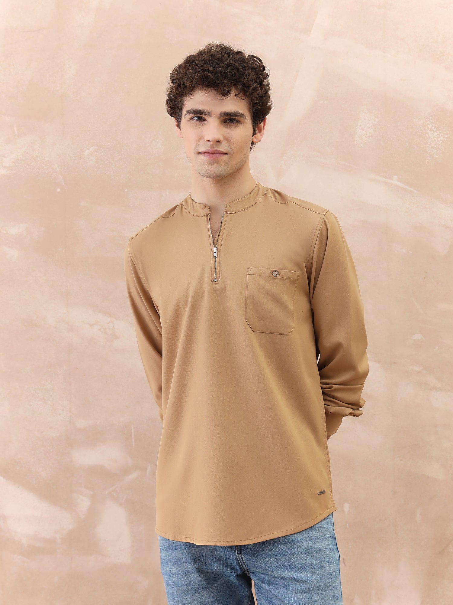 Iconic Men Brown Solid Band Collar Shirt