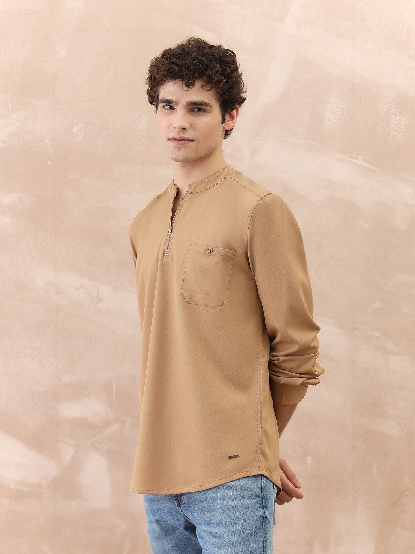 Iconic Men Brown Solid Band Collar Shirt